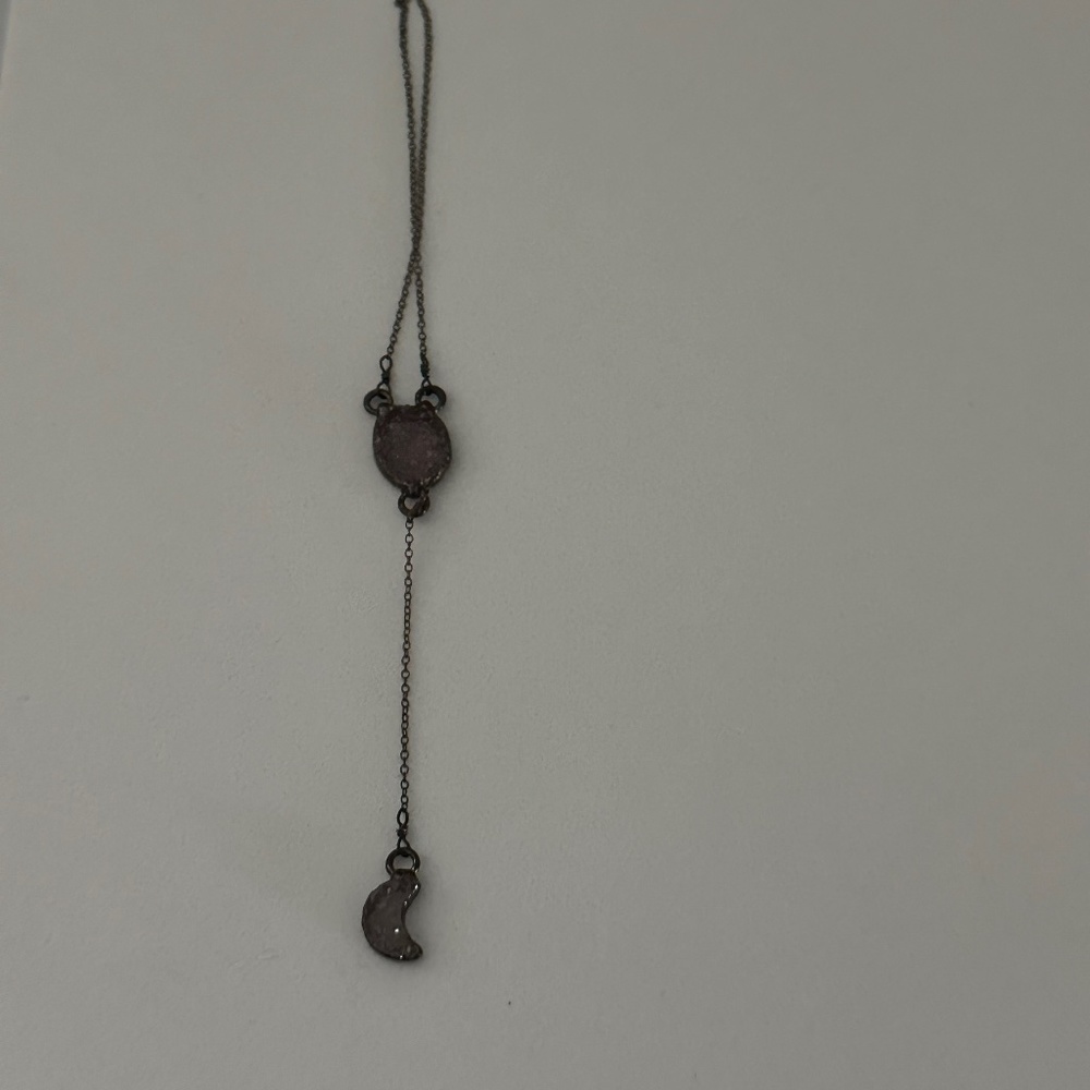 Purple druzy moon and star lariat necklace